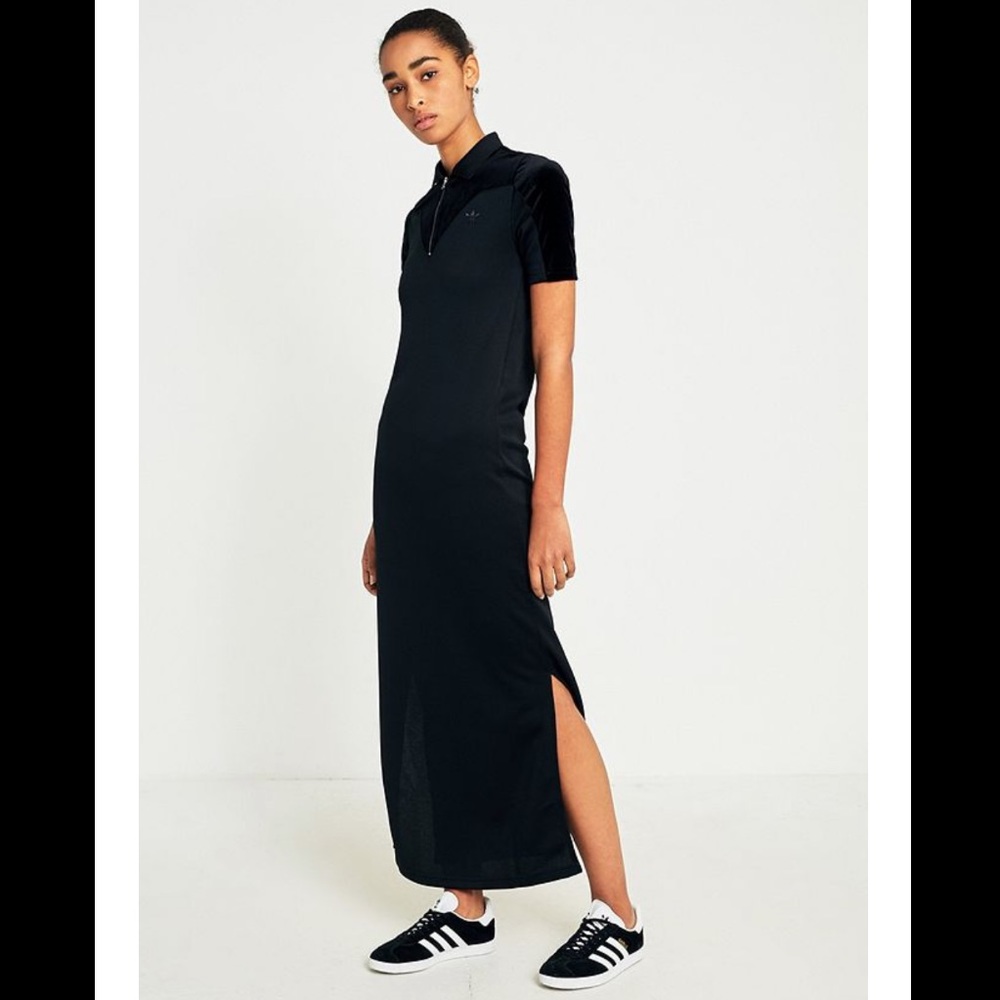 Adidas zipper polo maxi dress with velvet - black